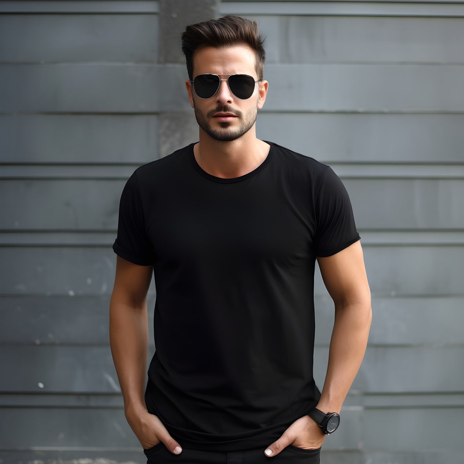 guy wearing a black t shirt, front side